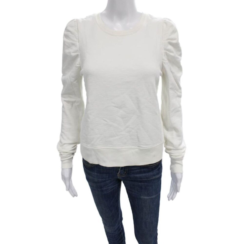 Leallo Women Pullover Sweatshirt White Cotton Crew Neck Long Sleeve Size S